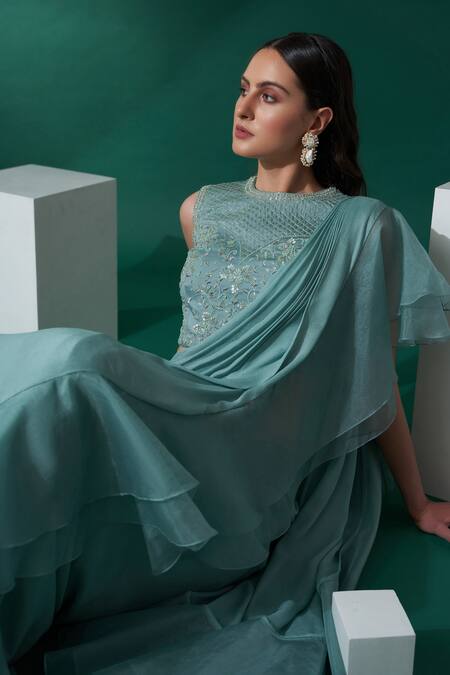 Shop_Suruchi Parakh_Green Organza, Satin, Georgette Crepe Pre-draped Ruffle Saree With Blouse_Online_at_Aza_Fashions