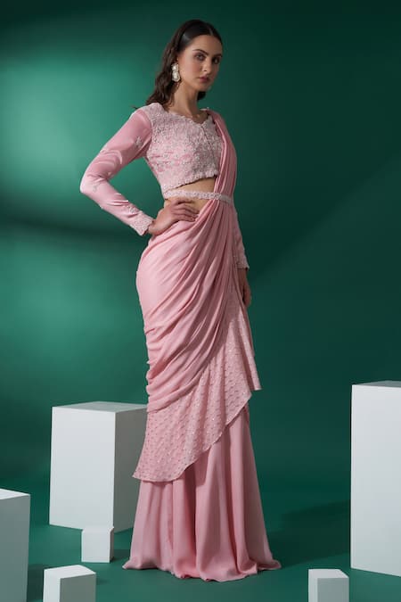 Suruchi Parakh_Pink Organza, Satin, Georgette Crepe Floral, Pre-draped Saree With Blouse _Online_at_Aza_Fashions