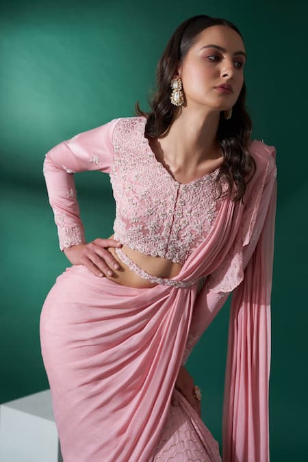 Shop_Suruchi Parakh_Pink Organza, Satin, Georgette Crepe Floral, Pre-draped Saree With Blouse _Online_at_Aza_Fashions
