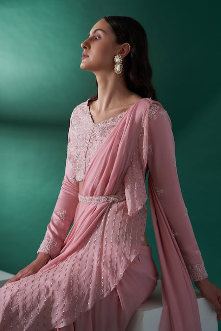 Suruchi Parakh_Pink Organza, Satin, Georgette Crepe Floral, Pre-draped Saree With Blouse _at_Aza_Fashions