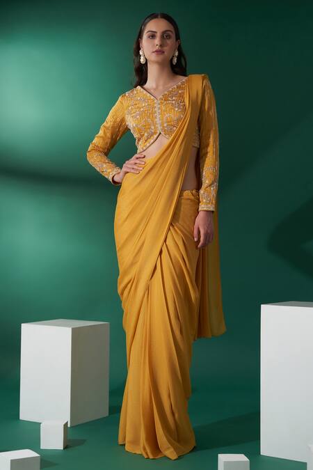 Suruchi Parakh Yellow Satin, Georgette Crepe Floral V Neck Pre-draped Saree With Blouse
