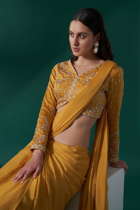 Buy_Suruchi Parakh_Yellow Satin, Georgette Crepe Floral V Neck Pre-draped Saree With Blouse_Online_at_Aza_Fashions