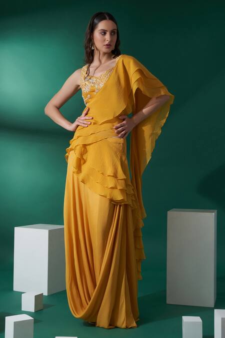 Suruchi Parakh_Yellow Organza, Satin, Georgette Crepe Pre-draped Ruffle Saree With Blouse_Online_at_Aza_Fashions