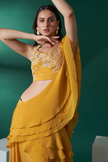 Buy_Suruchi Parakh_Yellow Organza, Satin, Georgette Crepe Pre-draped Ruffle Saree With Blouse_Online_at_Aza_Fashions