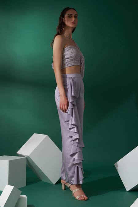 Suruchi Parakh_Purple Satin, Georgette Crepe One Shoulder Draped Crop Top And Ruffle Pant Set_Online_at_Aza_Fashions