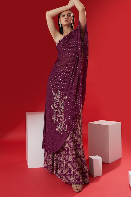 Buy_Suruchi Parakh_Purple Satin, Georgette Crepe Striped Motifs One Shoulder Tunic And Pant Set _Online_at_Aza_Fashions