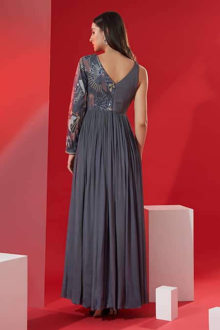 Shop_Suruchi Parakh_Grey Satin, Georgette Crepe V Neck Embroidered Pleated Gown _at_Aza_Fashions