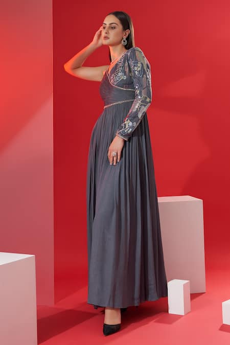 Suruchi Parakh_Grey Satin, Georgette Crepe V Neck Embroidered Pleated Gown _Online_at_Aza_Fashions