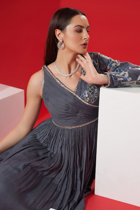 Buy_Suruchi Parakh_Grey Satin, Georgette Crepe V Neck Embroidered Pleated Gown _Online_at_Aza_Fashions