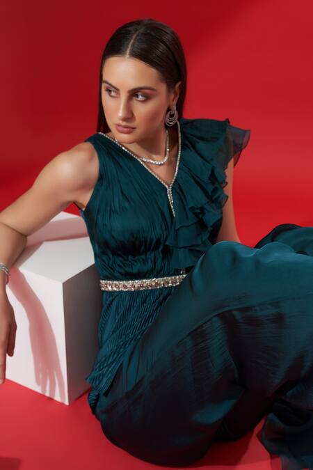 Shop_Suruchi Parakh_Green Satin V Neck Draped Peplum And Pant Set_Online_at_Aza_Fashions