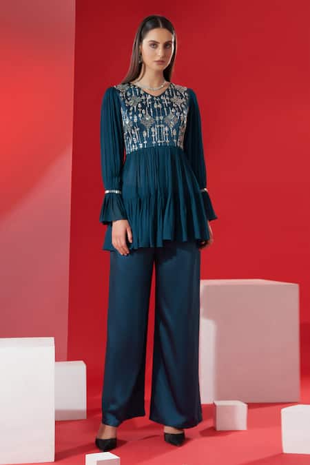 Suruchi Parakh_Blue Satin, Georgette Crepe Geometric And Floral Embroidered Peplum & Pant Set _Online_at_Aza_Fashions