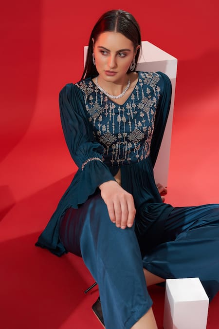 Buy_Suruchi Parakh_Blue Satin, Georgette Crepe Geometric And Floral Embroidered Peplum & Pant Set _Online_at_Aza_Fashions