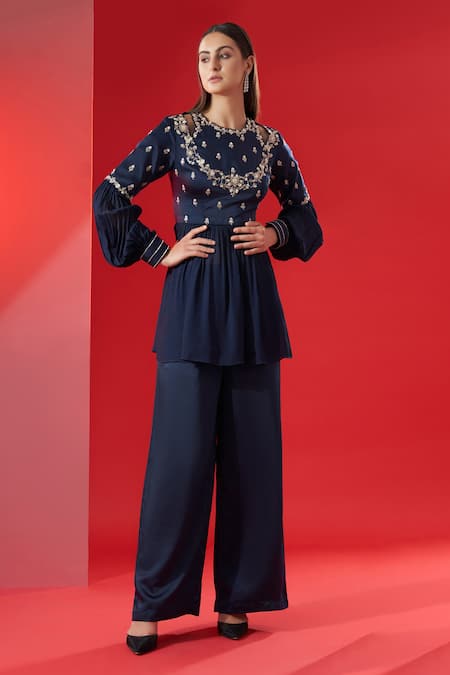 Suruchi Parakh Blue Georgette Crepe Embroidered Floral Buttis Round Peplum And Pant Set 