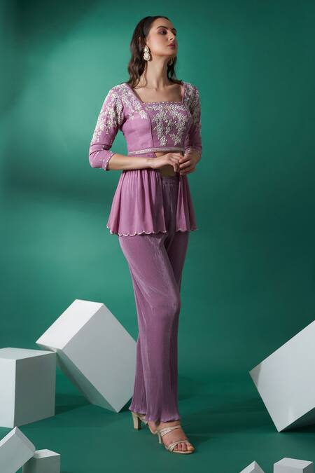 Suruchi Parakh_Purple Satin, Georgette Crepe Floral Motifs Asymmetric Crop Top And Pant Set_Online_at_Aza_Fashions