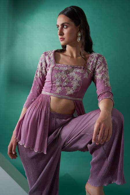 Buy_Suruchi Parakh_Purple Satin, Georgette Crepe Floral Motifs Asymmetric Crop Top And Pant Set_Online_at_Aza_Fashions