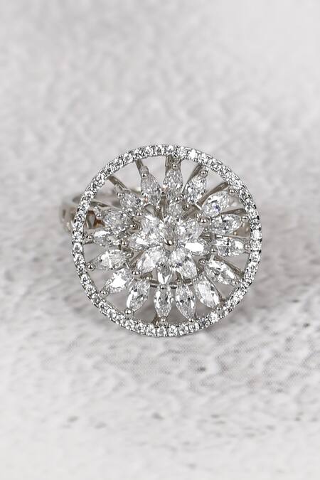 Chaotiq By Arti_Silver Plated Diamonds Floral Studded Ring_Online_at_Aza_Fashions
