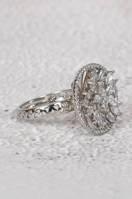 Shop_Chaotiq By Arti_Silver Plated Diamonds Floral Studded Ring_Online_at_Aza_Fashions