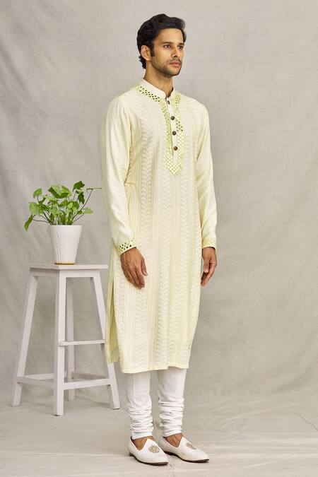 Yajy By Aditya Jain_Yellow Silk Chikankari And Mirror Kurta_Online_at_Aza_Fashions