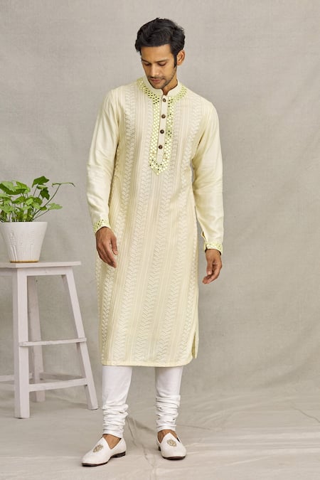Buy_Yajy By Aditya Jain_Yellow Silk Chikankari And Mirror Kurta_Online_at_Aza_Fashions