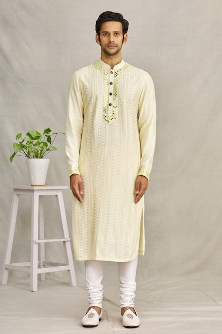 Shop_Yajy By Aditya Jain_Yellow Silk Chikankari And Mirror Kurta_Online_at_Aza_Fashions