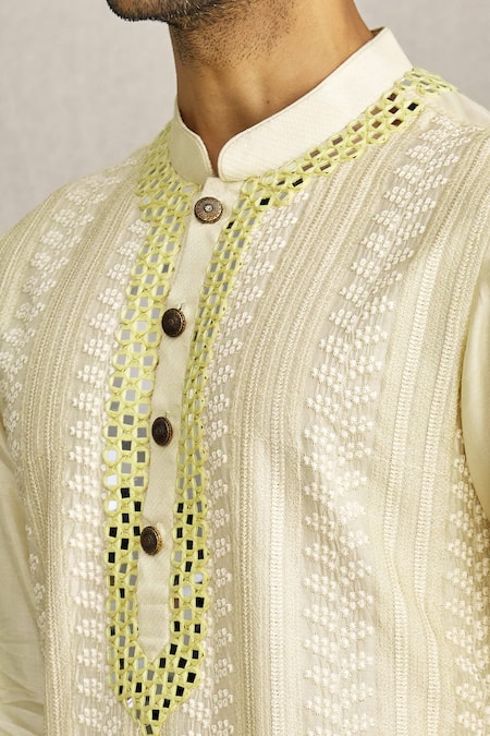 Yajy By Aditya Jain_Yellow Silk Chikankari And Mirror Kurta_at_Aza_Fashions