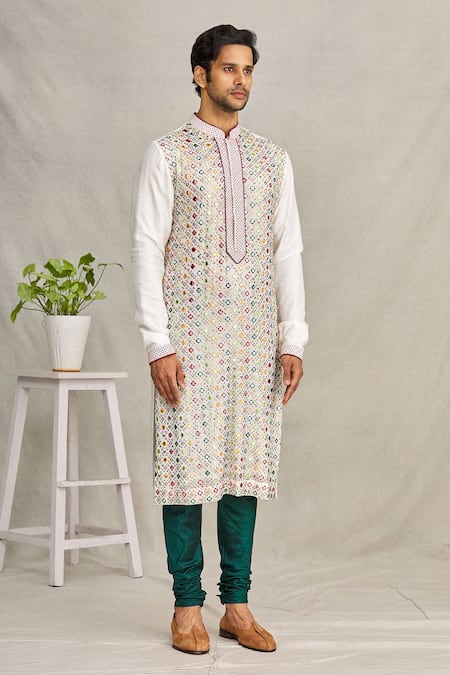 Yajy By Aditya Jain_White Silk Mirror And Sequin, Thread Embroidered Kurta_Online_at_Aza_Fashions