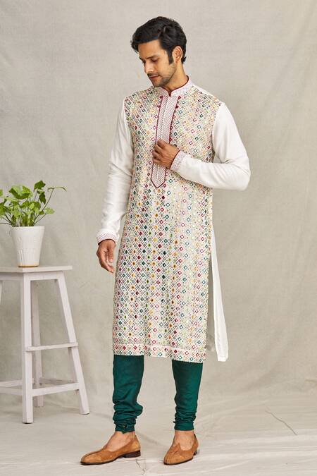 Buy_Yajy By Aditya Jain_White Silk Mirror And Sequin, Thread Embroidered Kurta_Online_at_Aza_Fashions