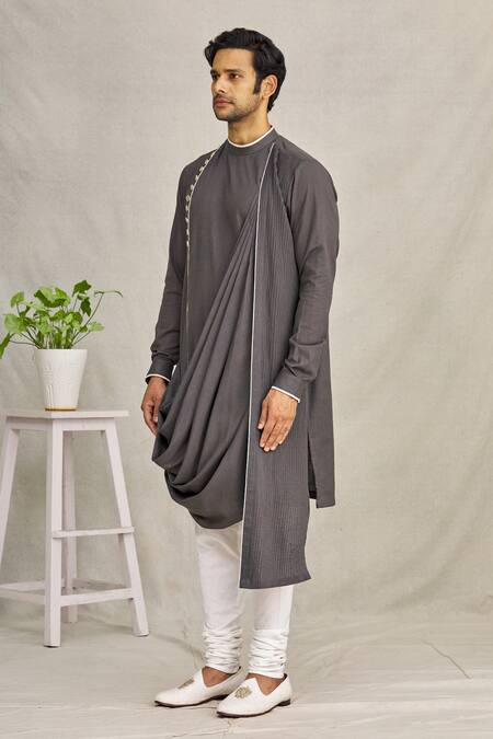 Buy_Yajy By Aditya Jain_Grey Silk Cowl Style Kurta_Online_at_Aza_Fashions