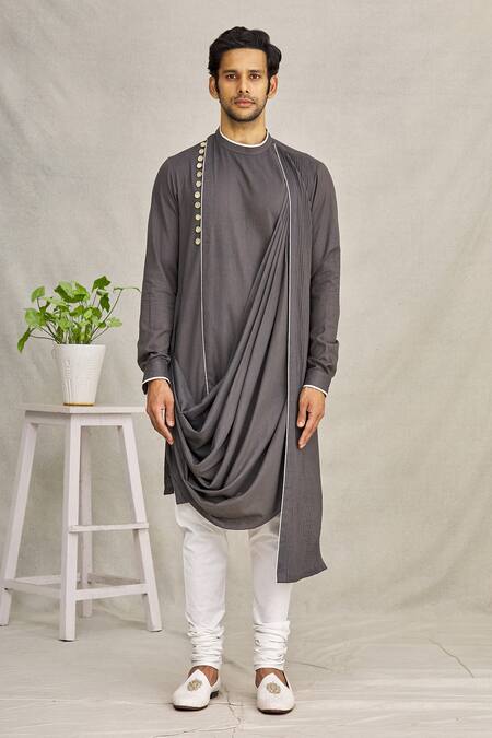 Shop_Yajy By Aditya Jain_Grey Silk Cowl Style Kurta_Online_at_Aza_Fashions