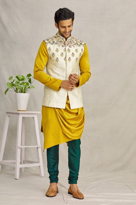 YAJY by Aditya Jain White Linen Satin And Raw Silk Embroidery Thread Bundi & Kurta Set 