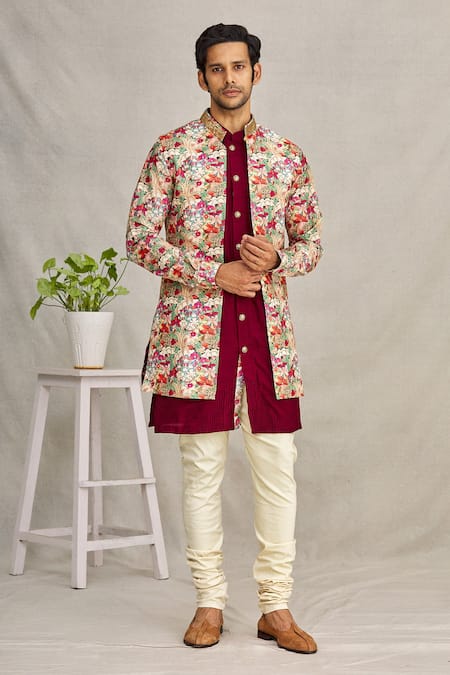 YAJY by Aditya Jain Silk Floral Print Bundi & Kurta Set 