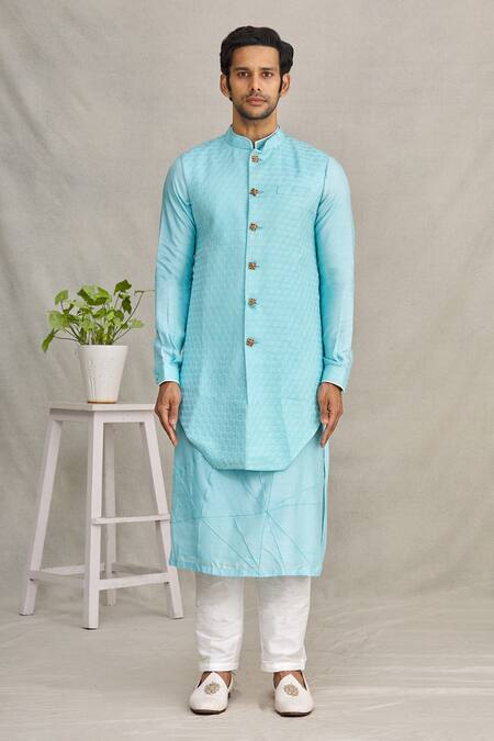 Buy_Yajy By Aditya Jain_Blue Silk Thread Embroidered Bundi And Kurta Set_Online_at_Aza_Fashions