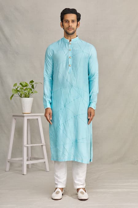 Shop_Yajy By Aditya Jain_Blue Silk Thread Embroidered Bundi And Kurta Set_Online_at_Aza_Fashions