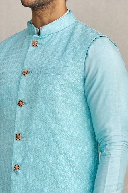 Yajy By Aditya Jain_Blue Silk Thread Embroidered Bundi And Kurta Set_at_Aza_Fashions