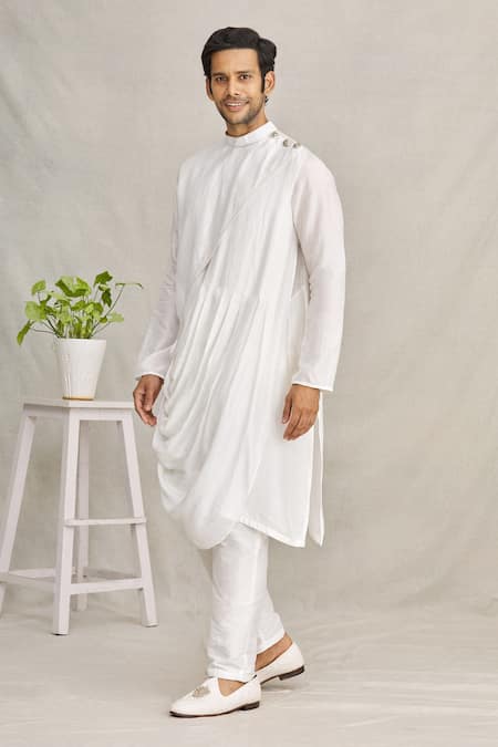 Yajy By Aditya Jain_White Silk Cowl Style Kurta _Online_at_Aza_Fashions