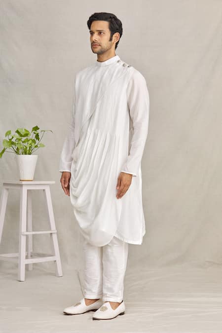 Buy_Yajy By Aditya Jain_White Silk Cowl Style Kurta _Online_at_Aza_Fashions