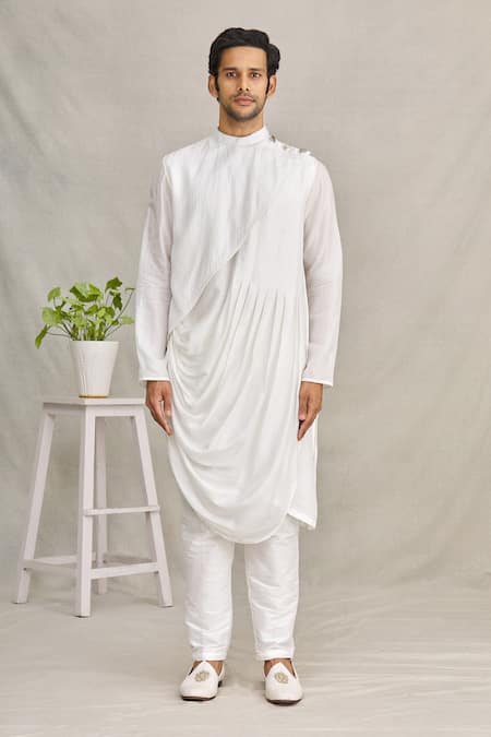Shop_Yajy By Aditya Jain_White Silk Cowl Style Kurta _Online_at_Aza_Fashions