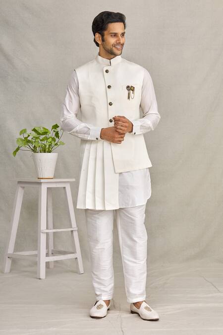 Buy_Yajy By Aditya Jain_White Silk And Italian Suiting Asymmetric Bundi & Kurta Set _Online_at_Aza_Fashions