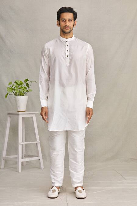 Shop_Yajy By Aditya Jain_White Silk And Italian Suiting Asymmetric Bundi & Kurta Set _Online_at_Aza_Fashions