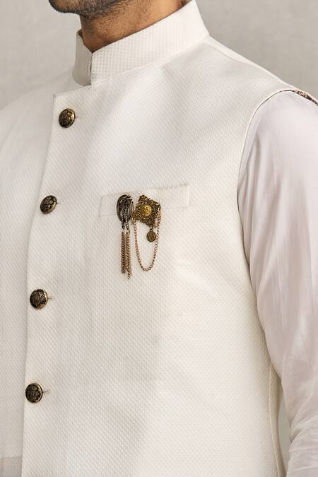 Yajy By Aditya Jain_White Silk And Italian Suiting Asymmetric Bundi & Kurta Set _at_Aza_Fashions