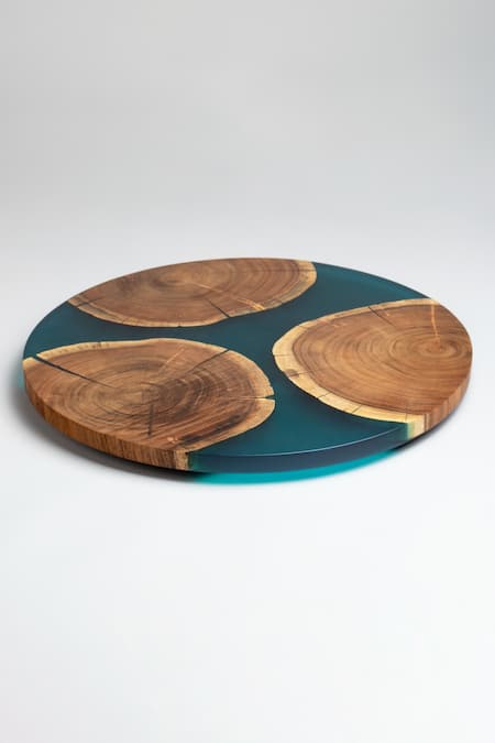 Silken_Blue Wood, Epoxy Island Paradise Wood-epoxy Lazy Susane Turn Table_Online_at_Aza_Fashions