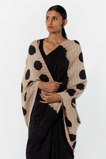 Studio Medium_Black Handwoven Seersucker Polka Dot Pattern Hand Dyed Saree_Online_at_Aza_Fashions