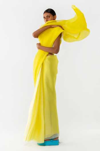 Studio Medium_Yellow Handwoven Organza Shibori Saree_Online_at_Aza_Fashions