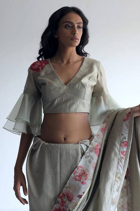 Shorshe Clothing_Green Chanderi Ruffle Sleeve Blouse_Online_at_Aza_Fashions