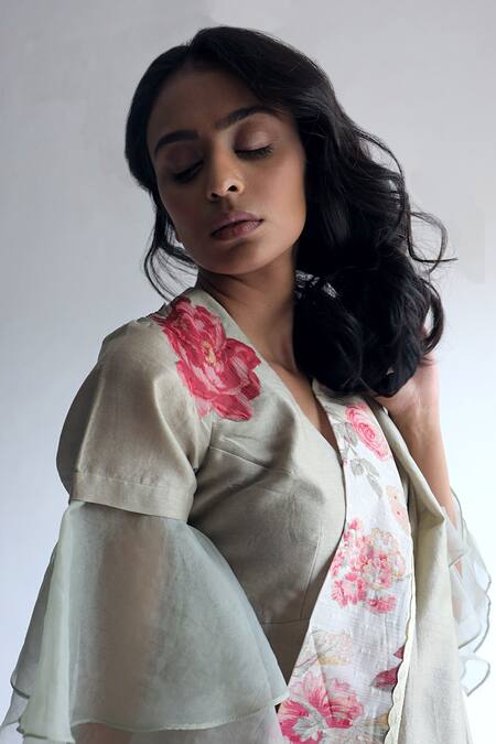 Shop_Shorshe Clothing_Green Chanderi Ruffle Sleeve Blouse_Online_at_Aza_Fashions