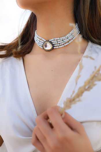 Do Taara_Gold Plated Pearls And Polki & Choker Necklace _Online_at_Aza_Fashions