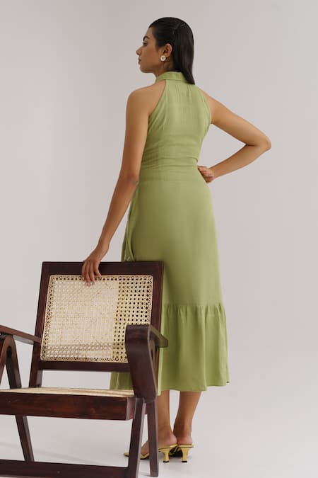 Shop The Right Cut Green Handloom Cotton Floral Motifs Collared Neck Keylime Dress at Aza Fashions Shop_The Right Cut_Green Handloom Cotton Floral Motifs Collared Neck Keylime Dress _at_Aza_Fashions