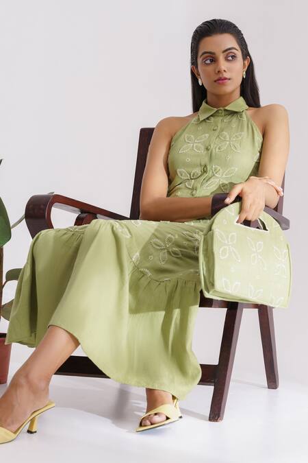 Buy The Right Cut Green Handloom Cotton Floral Motifs Collared Neck Keylime Dress Online at Aza Fashions Buy_The Right Cut_Green Handloom Cotton Floral Motifs Collared Neck Keylime Dress _Online_at_Aza_Fashions