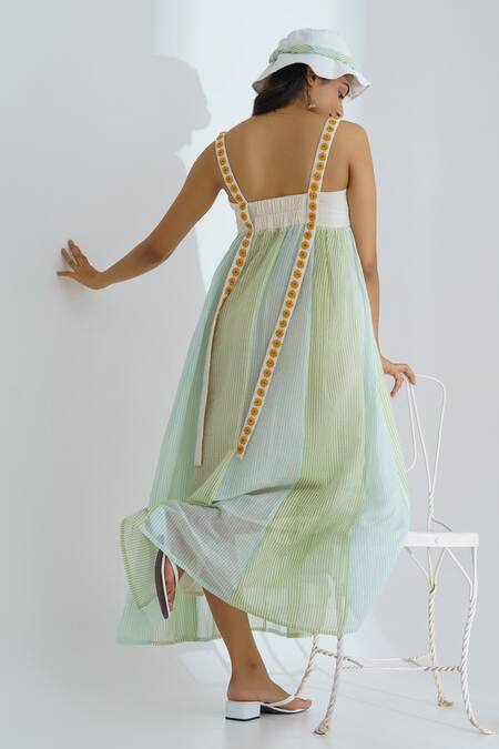 Shop_The Right Cut_Blue Handloom Cotton Daisies Square Neck Lazy Daisy Dress _at_Aza_Fashions
