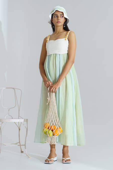 The Right Cut_Blue Handloom Cotton Daisies Square Neck Lazy Daisy Dress _Online_at_Aza_Fashions